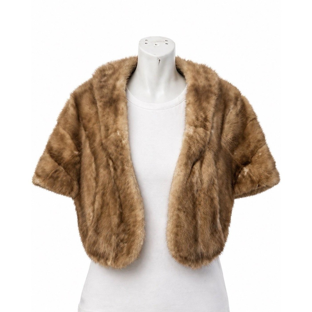 Vintage Mink Stole Womens One Size Brown Fur Cape Shrug Mob Wife Pockets Lined